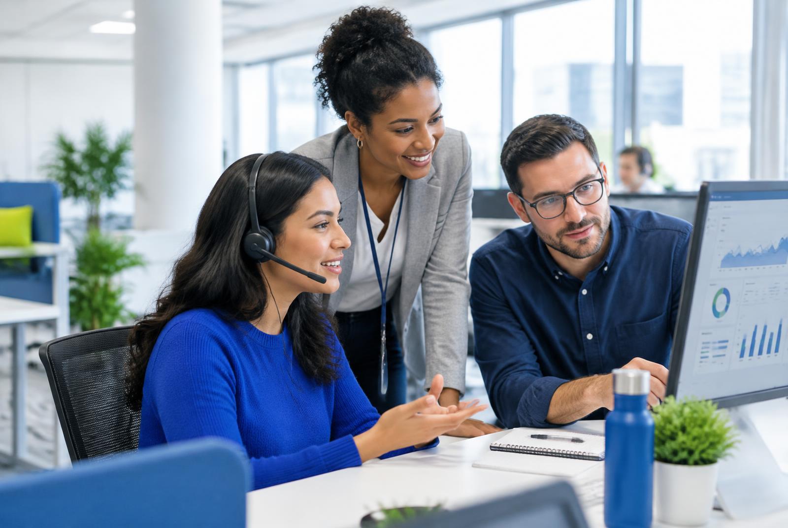 Customer operations team reviewing live call performance